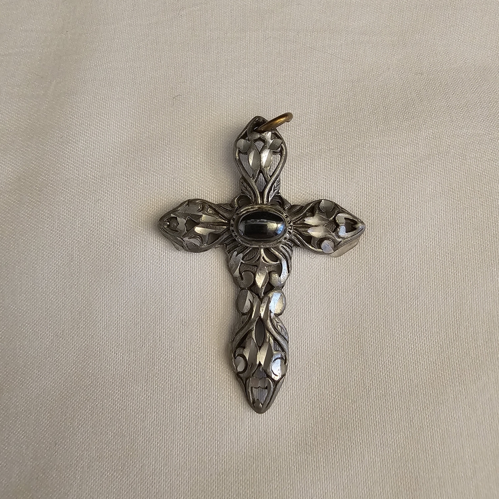 Vintage Ornate Silver Cross Pendant with Central Black Stone